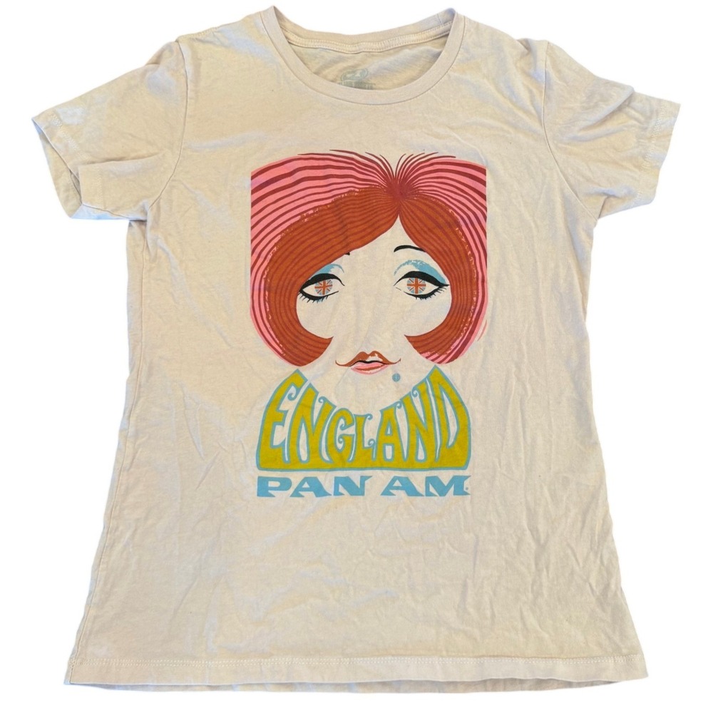 Malibu Shirts Pan Am England Graphic Tee Cream Retro Mod Girl T-Shirt Large